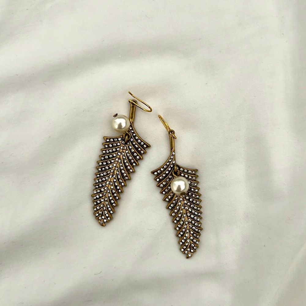 J. Crew Crystal Feather Pearl Dangling Earrings Crystal Studded Gold Plated